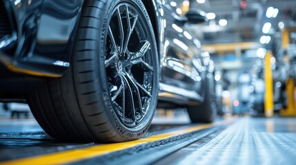 Fototapeta premium Factory tire close-up, assembly line background, automotive production