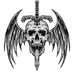 Skull with black bat wings for death day. Sword. Halloween