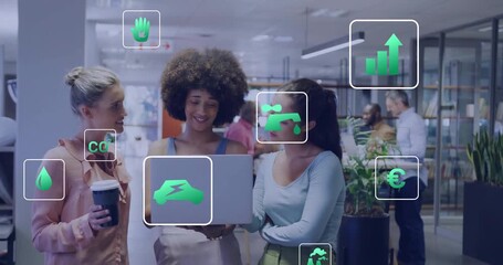 Three women opening laptop and viewing floating green icons showing metrics for business analysis - Powered by Adobe