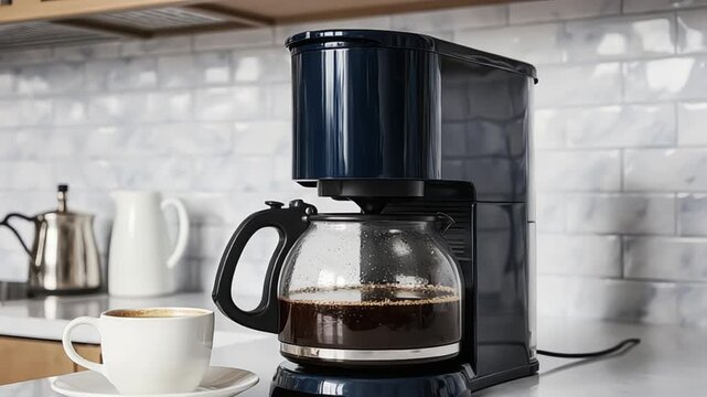 Coffee maker brews fresh coffee next to cup on kitchen counter