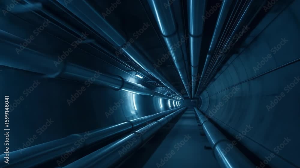 Poster abstract dark illuminated tunnel with pipes, architecture and technology concept.