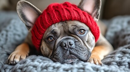 French bulldog wearing a red knitted cap resting on a gray knitted blanket.
