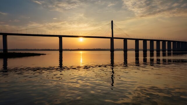 Sunset over the Jamuna Bridge with reflections on the water and rural surroundings 3