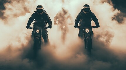 Three motorcyclists riding through a cloud of dust.