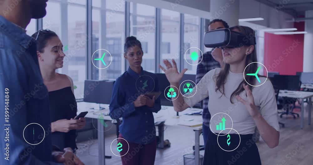 Poster coworkers encircling vr user lifting headset and initiating floating interface icons for tech demo