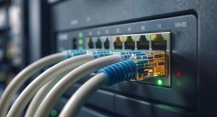 Network Cables Connected to Server Ports, Close-up View