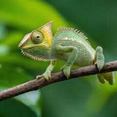Obraz premium Horned chameleon walking along a branch with vibrant green background