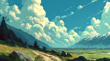 Vast, sunlit valley with path, fluffy clouds, and mountains