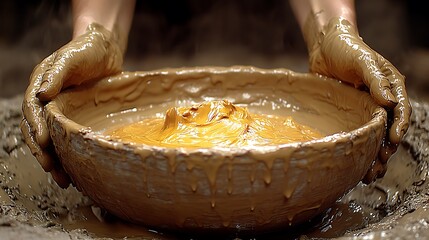 Hands shaping a clay pot.