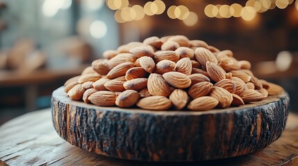 A pile of almonds rests in a wooden bowl.