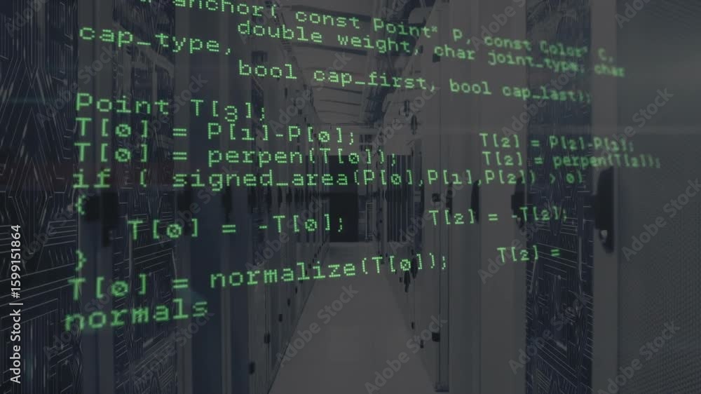 Poster triggered by read loop, green code overlay scrolling over data corridor revealing geometry routines