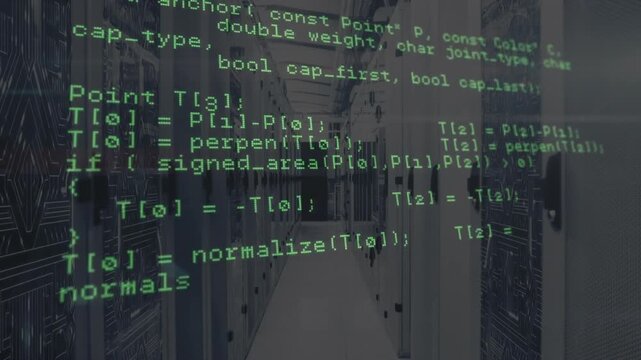 Triggered by read loop, green code overlay scrolling over data corridor revealing geometry routines