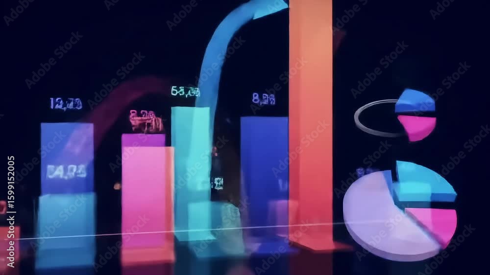 Poster dynamic 3d bar and pie charts illustrate financial growth and data analysis.