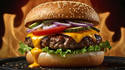 Flame grilled cheeseburger with melted cheddar and sesame bun, Hot juicy cheeseburger, Classic beef burger, burger, Freshly cooked gourmet burger