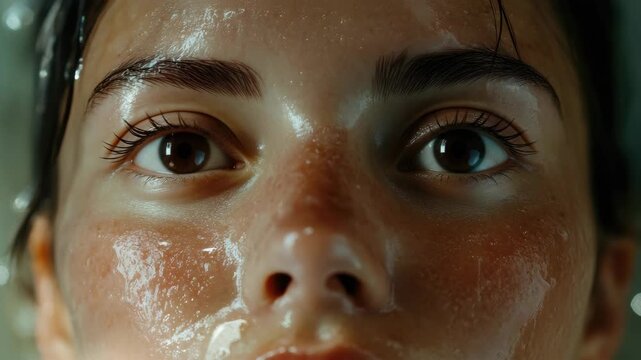A woman with closed eyes, experiencing a facial treatment that focuses on relaxation and skin care. The spa environment is implied by the presence of natural ingredients.