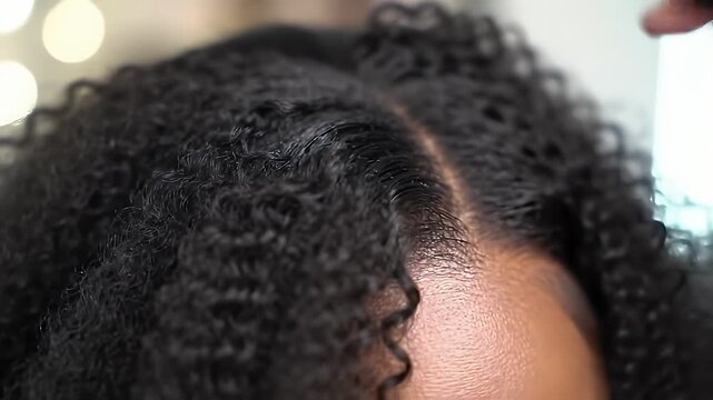 Close Up Black Curly Hair Combed with Shiny Product Applied Haircare Afro Hairstyle Beauty Care Healthy Styling Curls