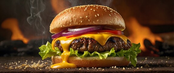 Flame grilled cheeseburger with melted cheddar and sesame bun, Hot juicy cheeseburger, Classic beef burger, burger, Freshly cooked gourmet burger