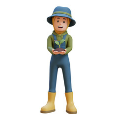 3D muslim female Farmer Character standing confident holding a sprout