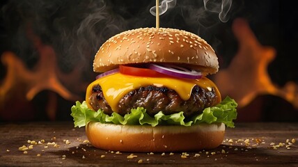 Flame grilled cheeseburger with melted cheddar and sesame bun, Hot juicy cheeseburger, Classic beef burger, burger, Freshly cooked gourmet burger