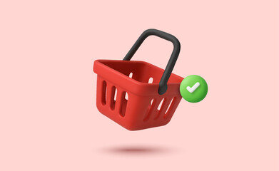 Fototapeta premium 3d red shopping basket or shopping cart icon with green check box, isolated on white background. Shopping basket icon in 3d vector. Vector illustration