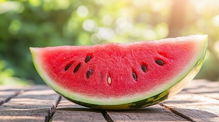 Watermelon slice on wooden table, sunny outdoors