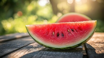 Watermelon slices on rustic wooden planks, sunlit garden background