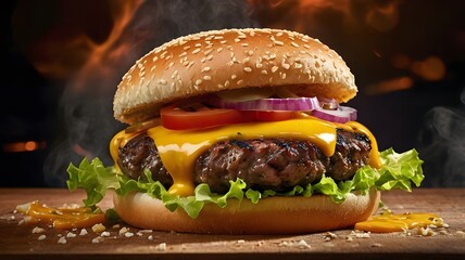 Flame grilled cheeseburger with melted cheddar and sesame bun, Hot juicy cheeseburger, Classic beef burger, burger, Freshly cooked gourmet burger