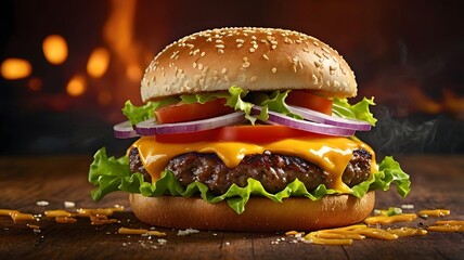 Flame grilled cheeseburger with melted cheddar and sesame bun, Hot juicy cheeseburger, Classic beef burger, burger, Freshly cooked gourmet burger