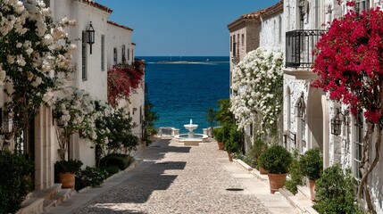 Whitewashed houses line a cobblestone street leading to a tranquil ocean view
