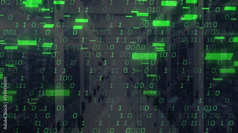 Poster binary digits drifting past aisle causing green data bars sliding, pulsing visualizing network flow