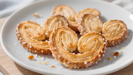Crispy palmier cookies with coarse sugar topping on white plate, sweet puff pastry treats in close-up view
