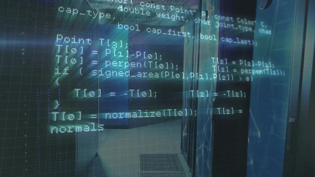 Overlaying C++ code appearing on corridor scrolling HTTP calls shifting into geometry intersection