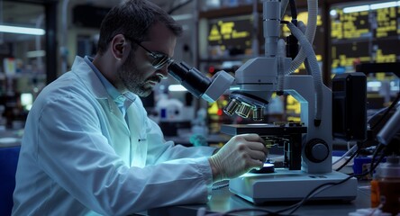 Scientist using a microscope in a laboratory for research and analysis.
