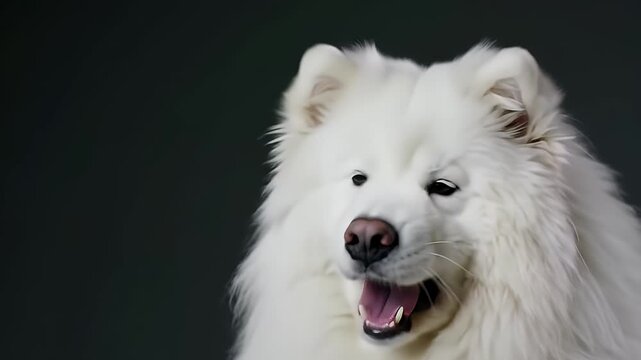 Close Up of White Samoyed Dog With Open Mouth in Studio Setting Against Dark Background