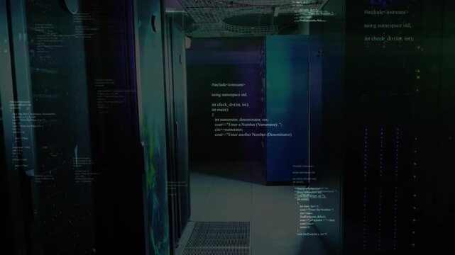 Lighting dimming causing code scrolling over server racks and corridor gliding revealing LED lights