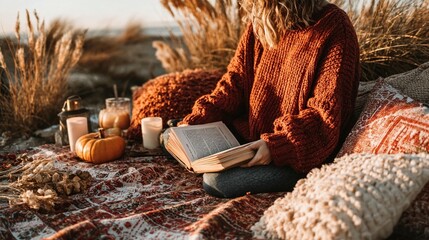 Woman reading book on autumnal beach picnic