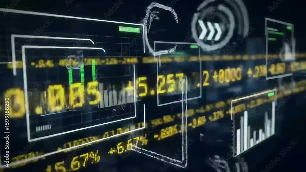 Poster abstract digital display showing financial data streams and fluctuating market indicators.