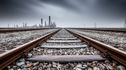 Naklejka premium Industrial railway tracks stretching into a cloudy sky