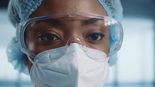 Close Up Portrait of Black Woman in Medical Mask Blue Bonnet and Protective Glasses with Visible Drops of Sweat on Face