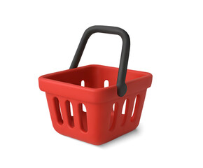 3d red shopping basket or shopping cart icon, isolated on white background. Shopping basket icon in 3d vector. Vector illustration