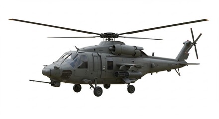 Powerful military helicopter sharply angled against bright white background. AI Generated