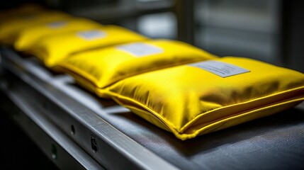 Yellow padded items on a conveyor belt