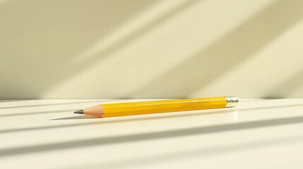 Yellow pencil on a light beige surface, sunbeams cast shadows