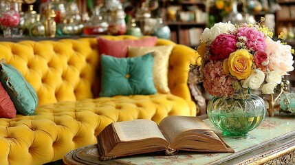 Yellow tufted sofa, colorful pillows, floral bouquet, open book