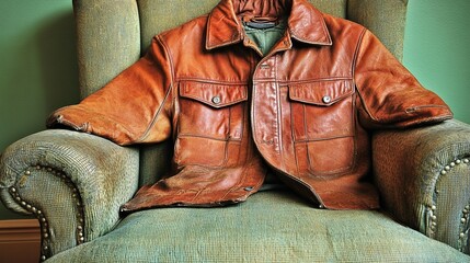 Worn leather jacket resting on a vintage armchair