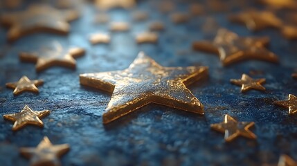 Close-up view of golden stars on a textured dark-blue surface.