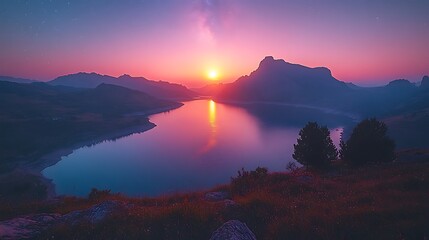 Serene mountain lake at sunrise.