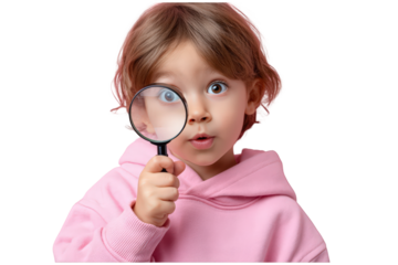 Curious toddler girl examines something closely through a magnifying glass, displaying wonder and fascination.