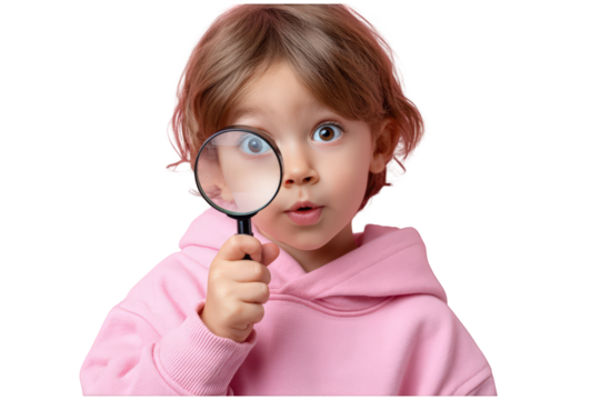 Curious toddler girl examines something closely through a magnifying glass, displaying wonder and fascination.
