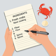 Cooking Ingredients List Fresh Red Crab Recipe in Notebook